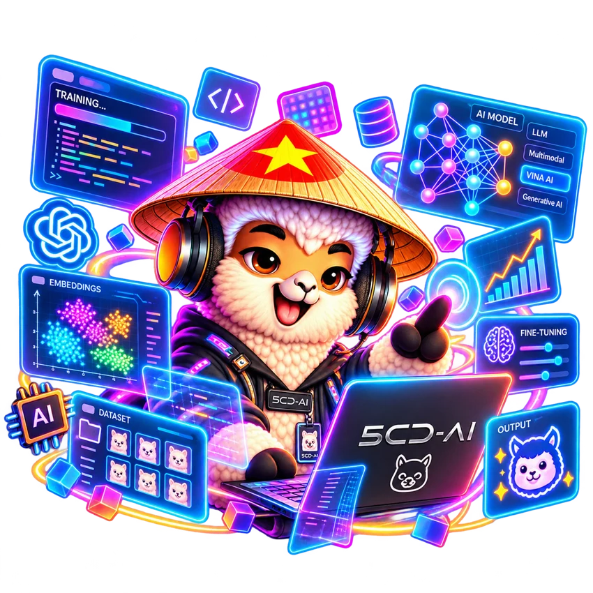 Mascot 5CD-AI đội nón lá, khám phá mô hình và dữ liệu trong không gian nghiên cứu